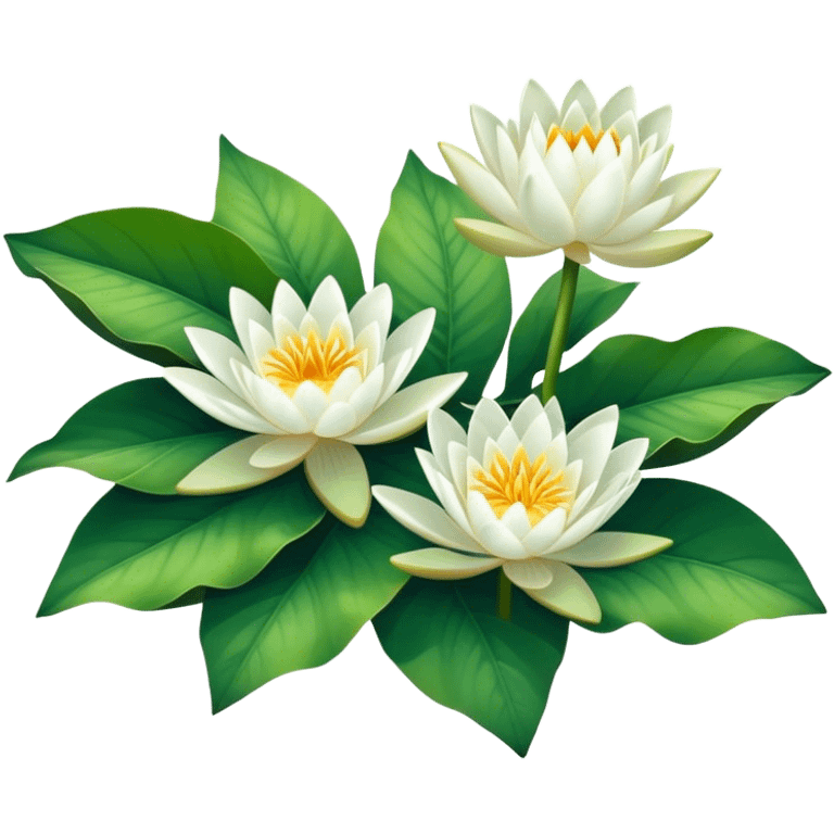 luxuriant, bouquet white Water Lily, stem, Water Lily leaf emoji