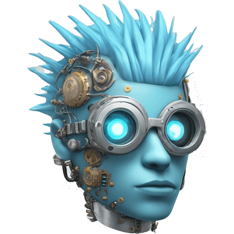 Pastel blue Mohawk cyborg head with silver steampunk goggles and circuits emoji