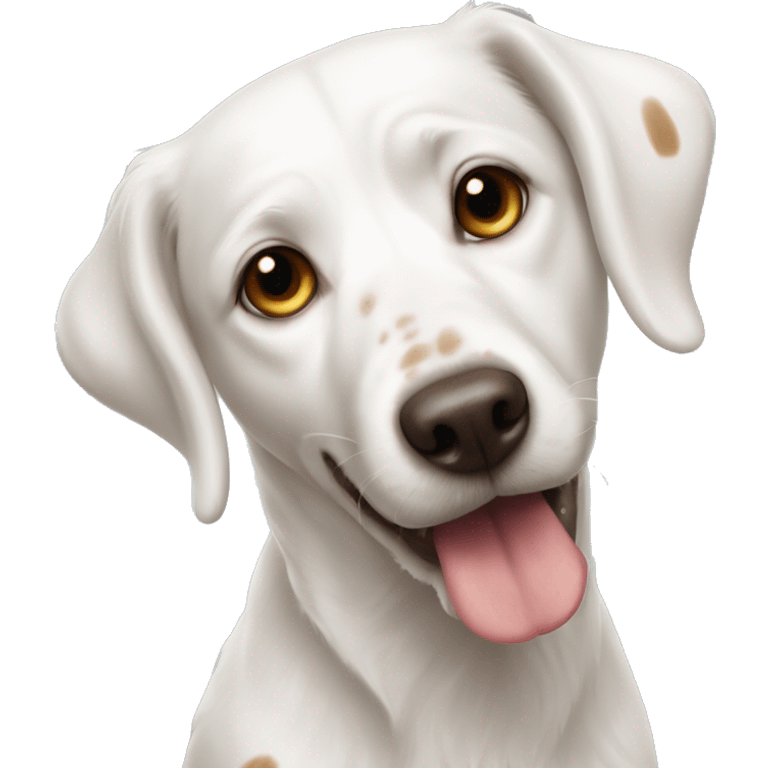 White dog with tongue out and brown spots on eyes and ears emoji