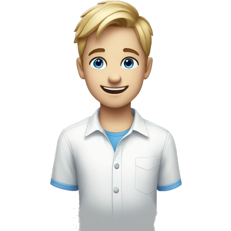 smiling boy in white shirt whit blue eyes emoji