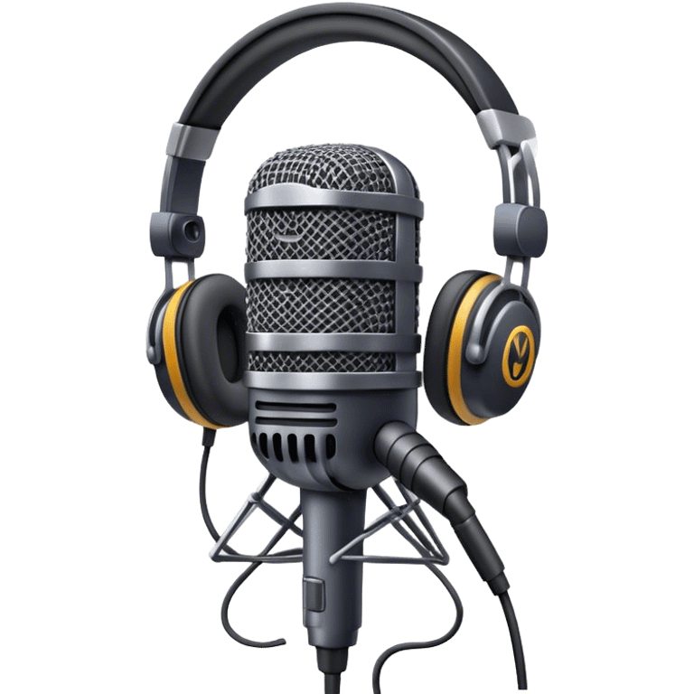 Create an emoji for podcasting. Show a microphone with headphones, symbolizing the recording of a podcast. Use modern, professional colors. Do not include any emojis or smiley faces. Make the background transparent. emoji