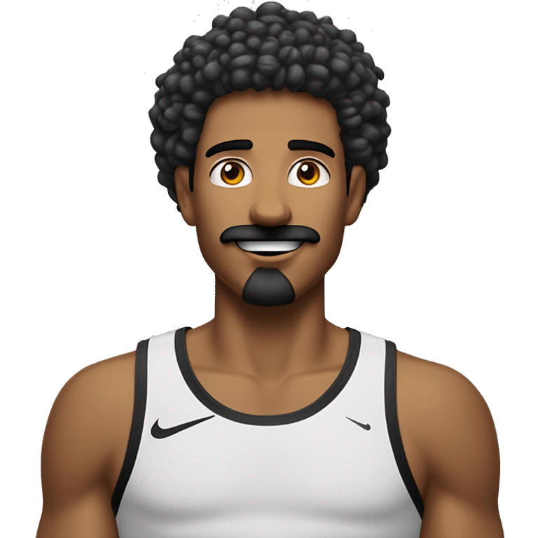 Homem, com expressão feliz, com cabelo arrepiado, piercing no nariz, olhos castanhos, bigode e cavanque, moletom preto da nike com capuz. emoji