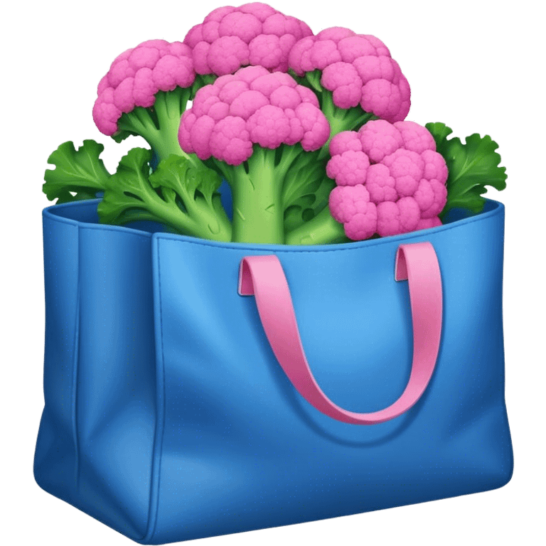 A blue bag full of brocoli that's colored pink emoji