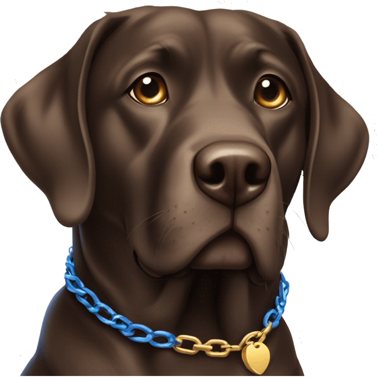 a big adult choc lab with blue eyes wearing a thick gold chain collar  emoji