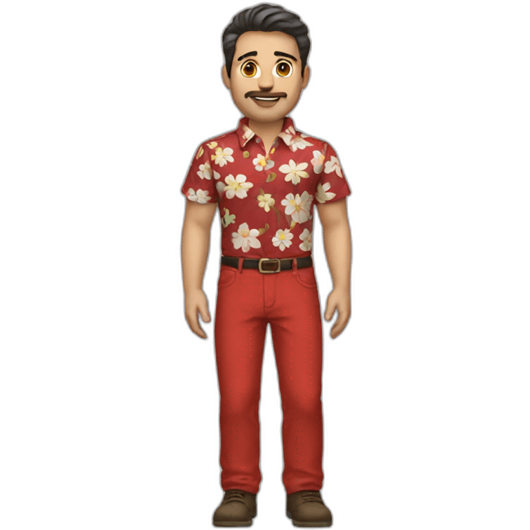 white man dark hairs flower shirt red pant emoji