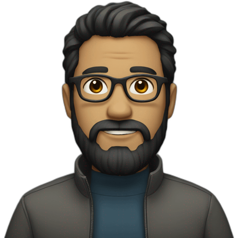 A man with black hair, a beard and dark grey glasses emoji