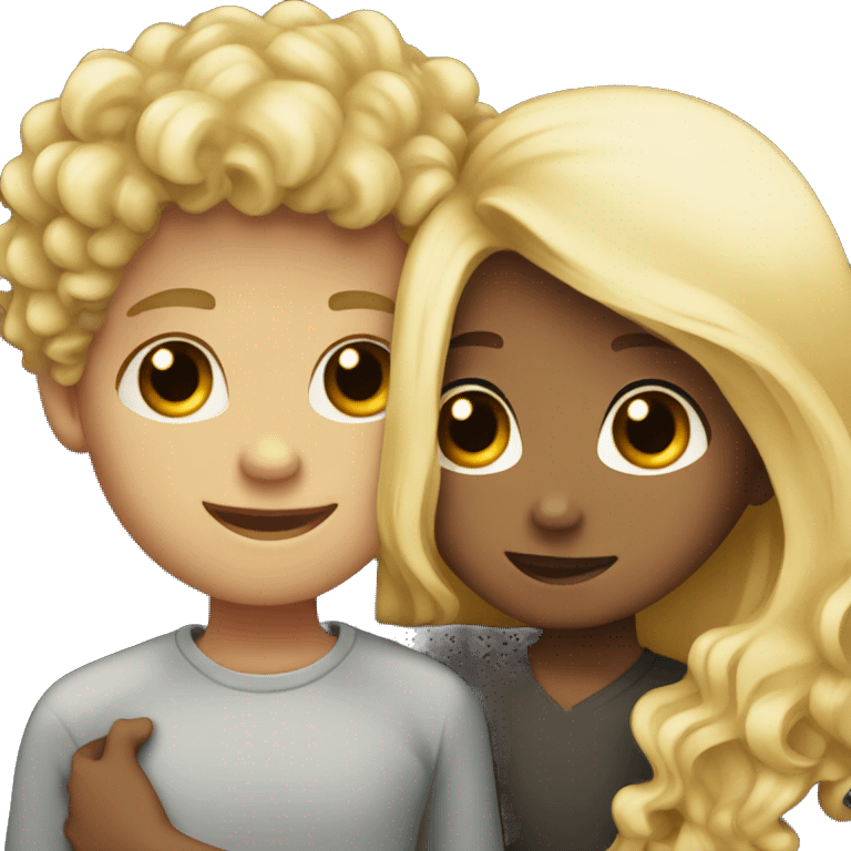 boy with curly black hair and girl with blonde hair hugging  emoji