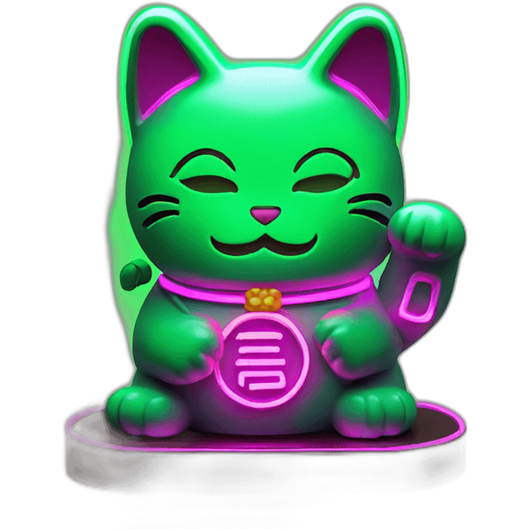 maneki neko 3d in the form of green neon sign emoji