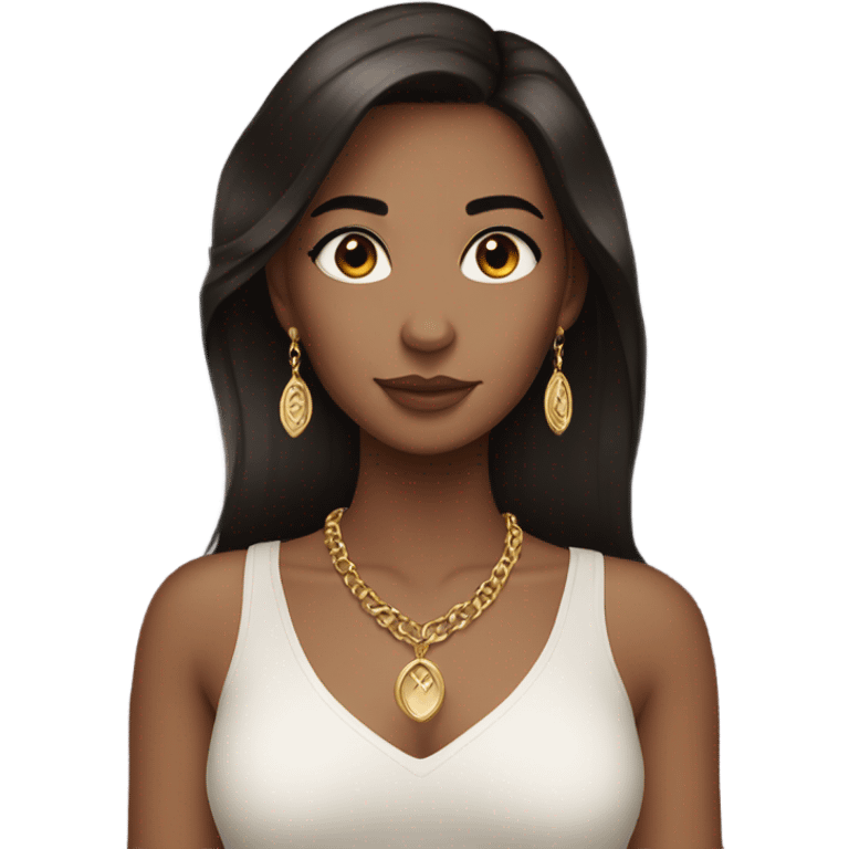 girl with dark brown hair, brown eyes, eyeliner and long eyelashes, and a gold necklace emoji