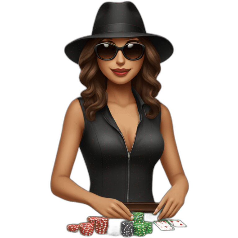 female with dark sunglasses brown wavy hair playing poker with a poker dealer hat emoji