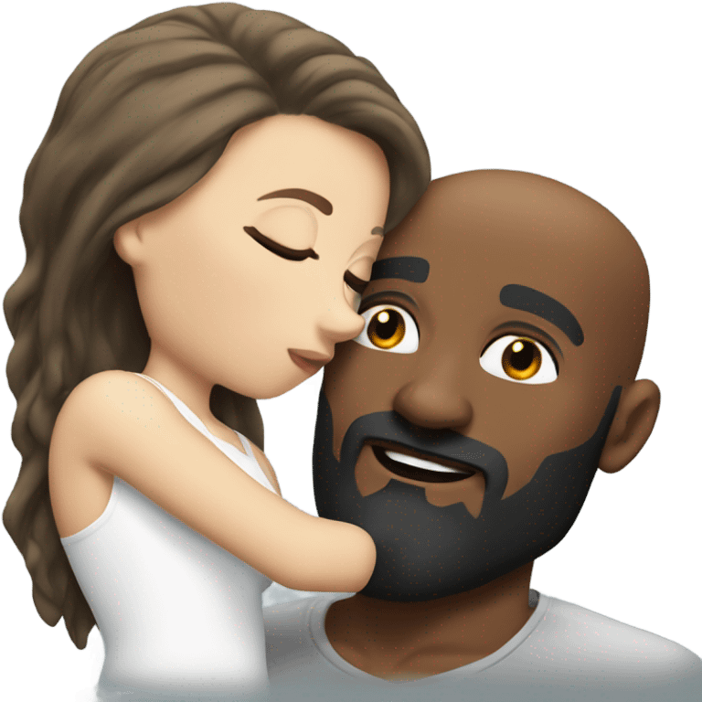 White brunette kissing muscular black bald man with beard emoji