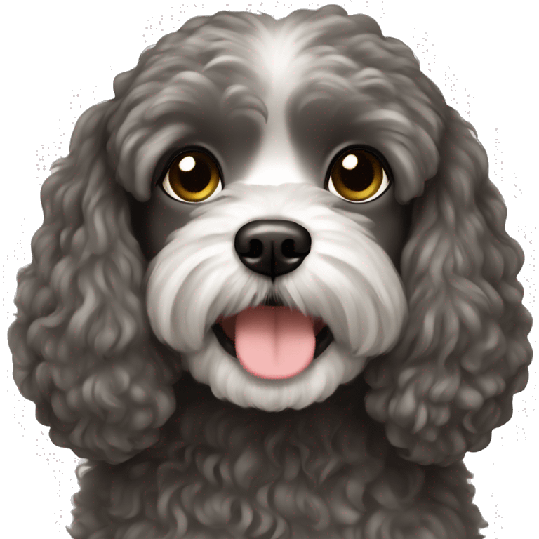 Brunette girl long straight hair, holding a dark gray maltipoo with a white snout emoji