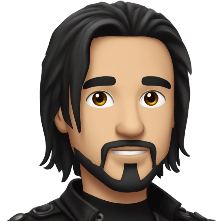 Man with long black hair, black goatee, square jawline, eyeliner, black leather jacket, black pants, black shirt and pentacle necklace emoji