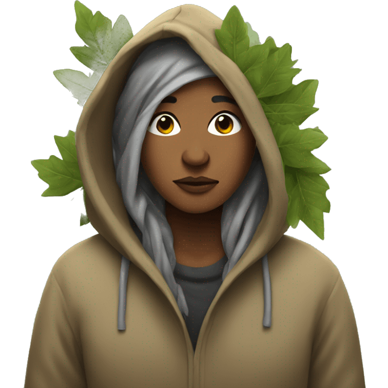 homeless woman in a hoodie with leaves and branches in her hair
 emoji