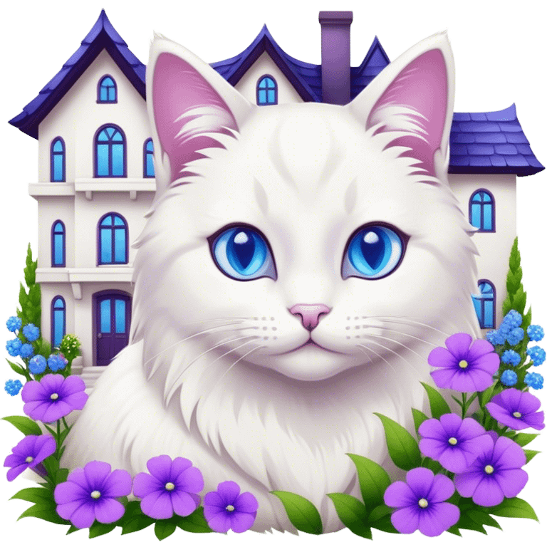 Cute cat next to a big house with purple flowers  emoji