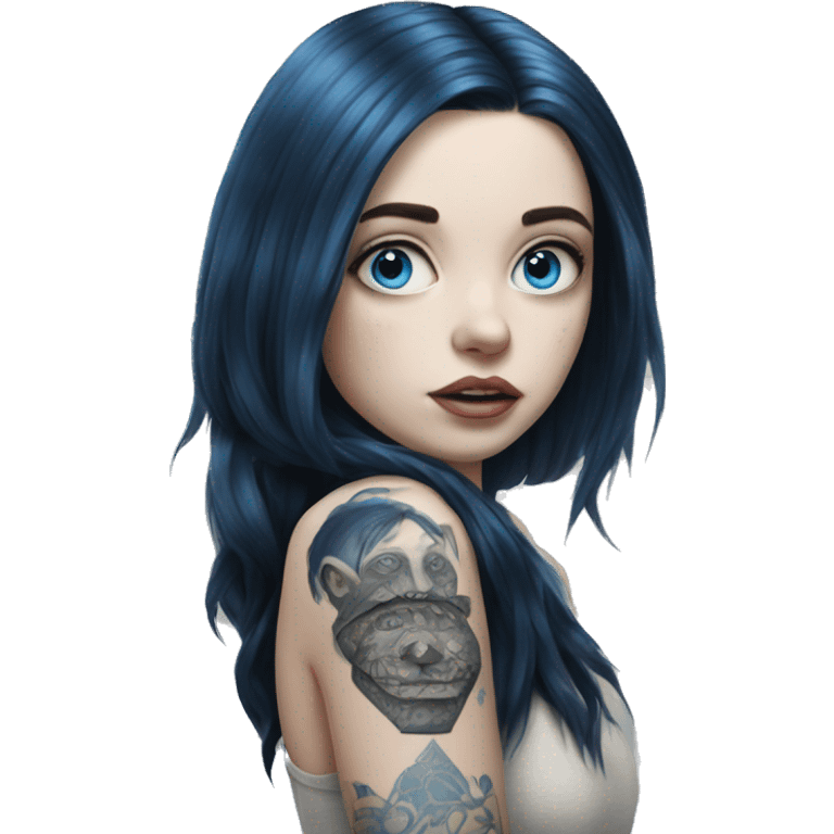 Hyperrealistic Pale girl with blue eyes and black hair arm tattoos emoji