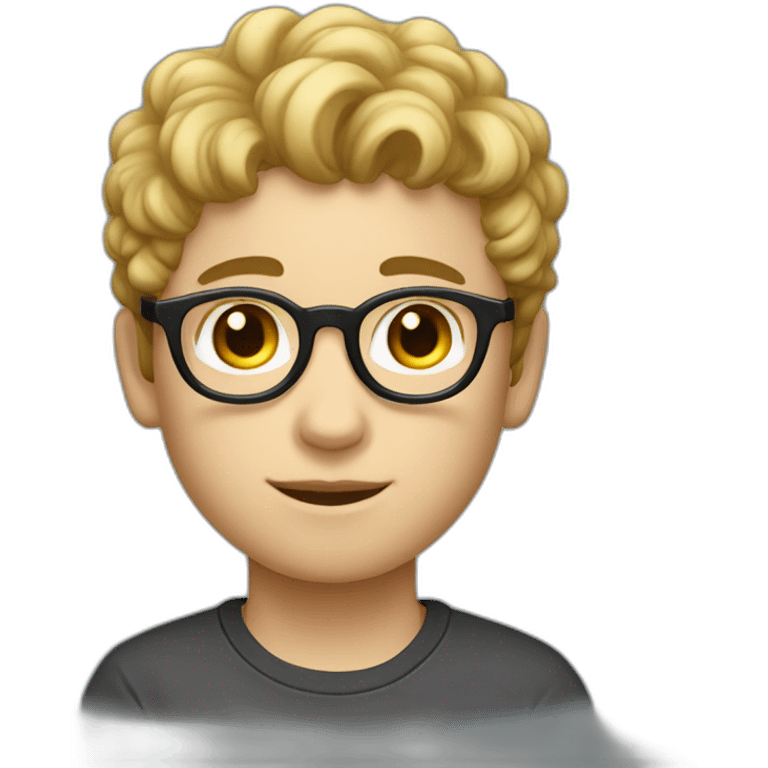 a fair-skinned boy with short-cut sides and a curly top with white glasses and a black cat iOS emoji emoji