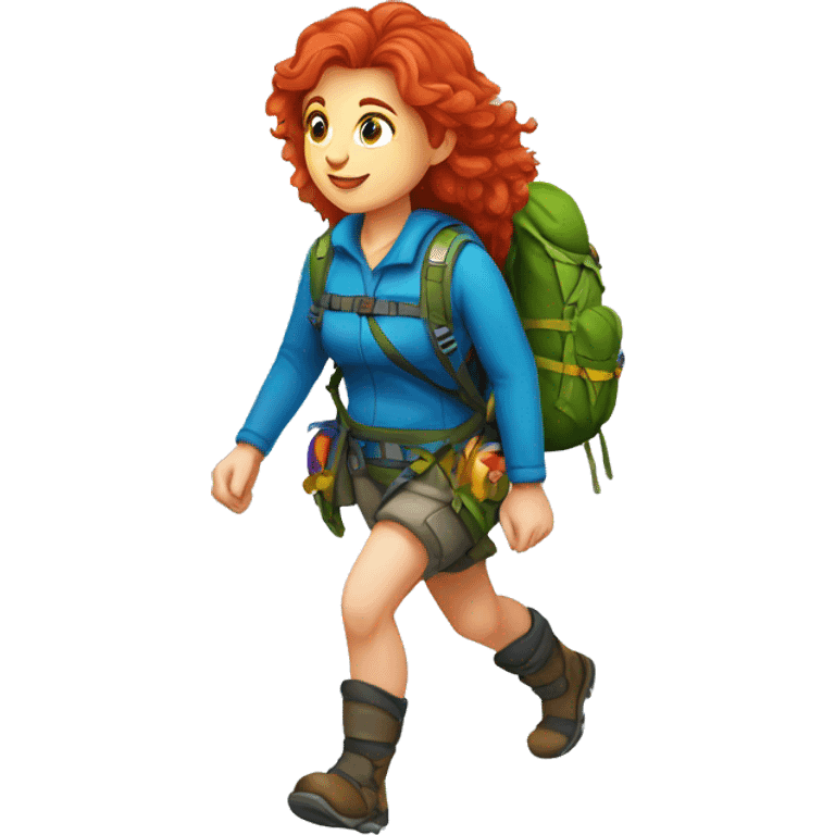 Female mountain climber red hair climbing, Greek flag on backpack and holding Easter eggs basket emoji