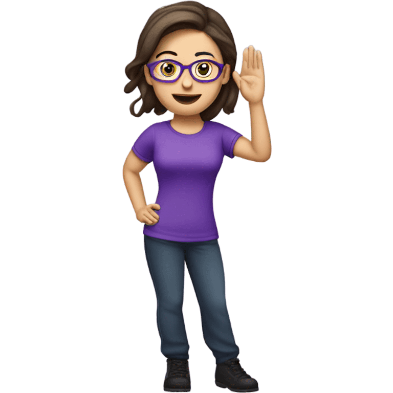 a caucasian brunette female, wearing a purple t-shirt and glasses, making the military salute gesture with her hand next to her head emoji