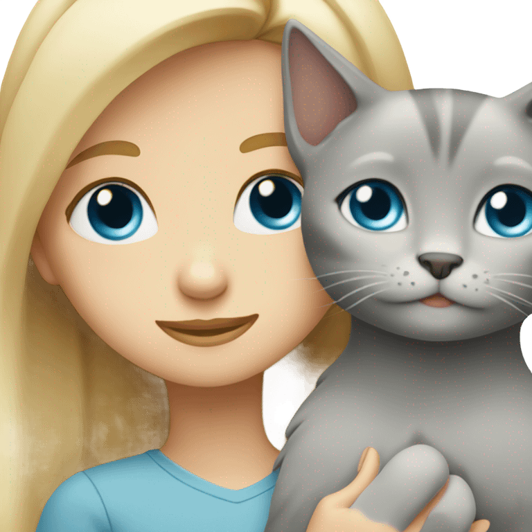 blonde girl with blue eyes hugs grey cat with brown eyes  emoji