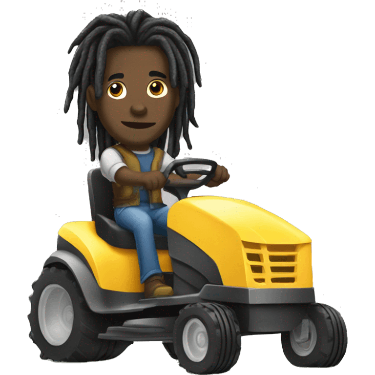 Black man with dreads riding lawn mover with hair in pony tail emoji