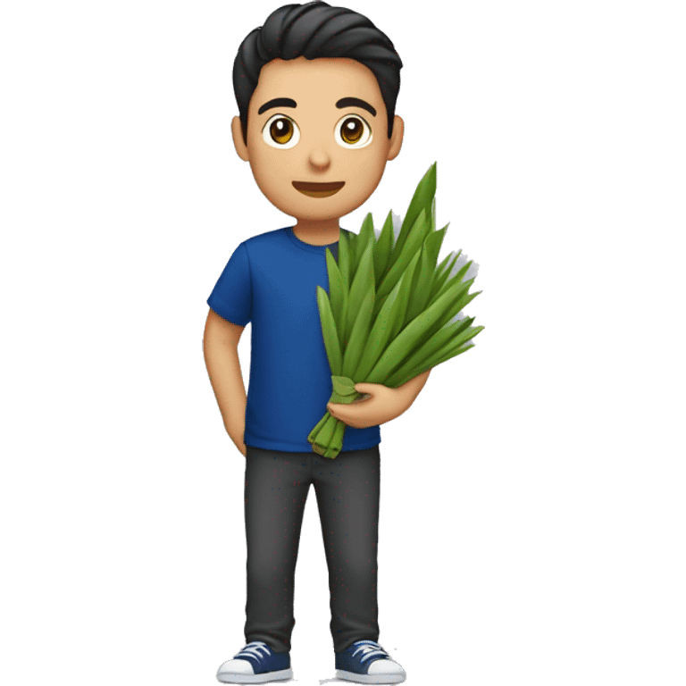 a guy with dark blue color shirt holding ketupat casually emoji