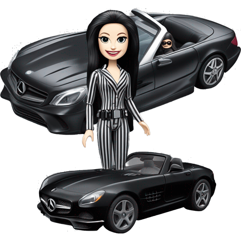 Darth Vader Barbie, 1910 teen Morticia Addams from academy, in dark-gray and black striped outfit. Smiling Driving Mercedes convertible sports car. Pale-white porcelain skin.  emoji