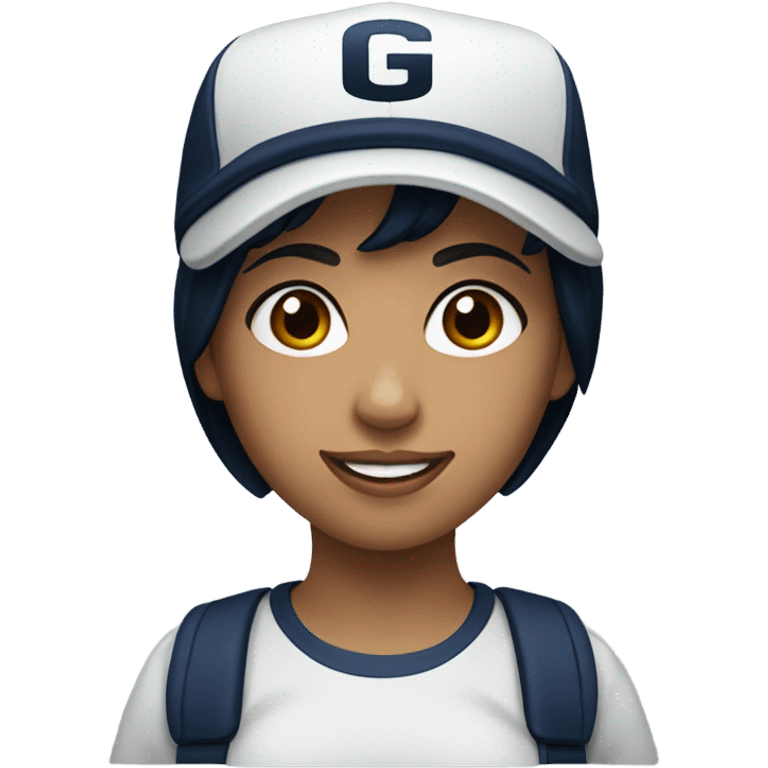 Black hair white girl brown eyes wearing navy ballcap emblazoned with a G logo  emoji