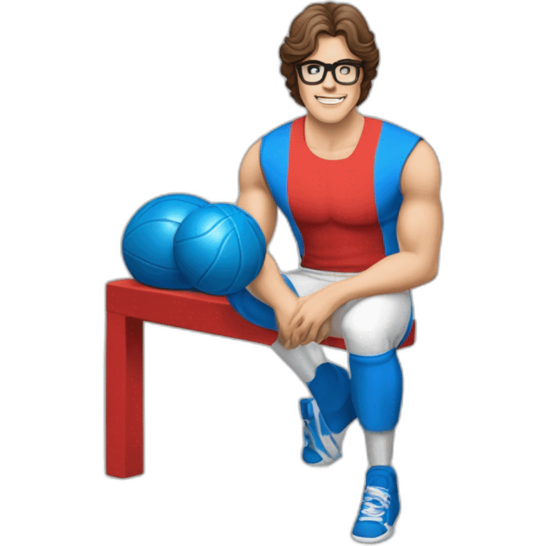 retro 70s blue and red gym clothes for a modern white brunette uni male student with glass emoji