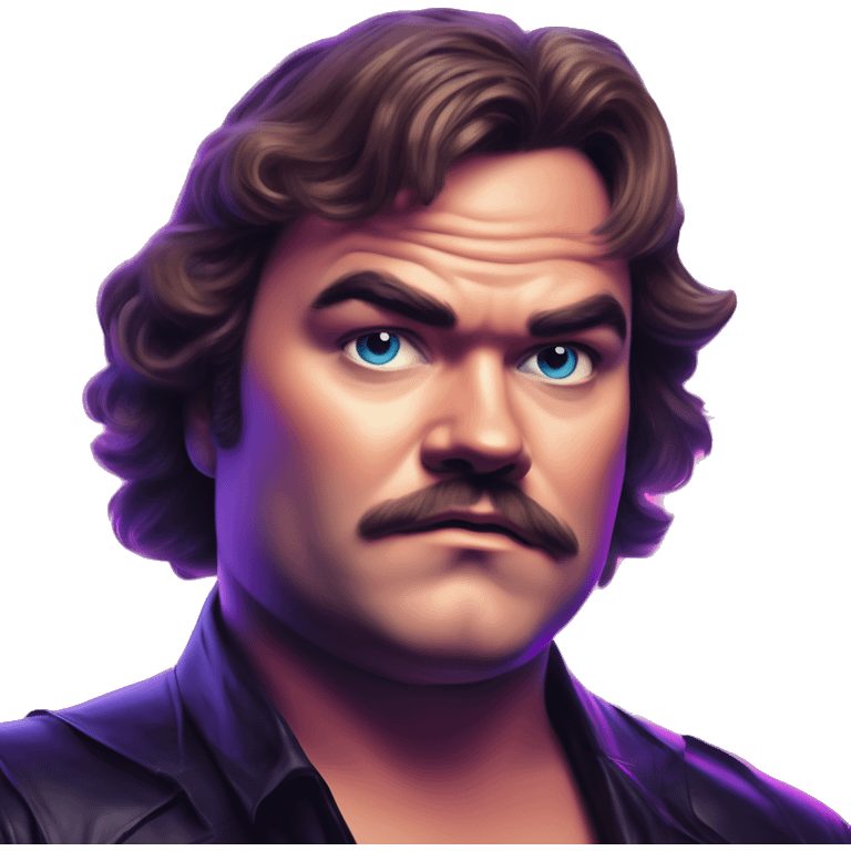 Synthwave Jack Black in retro NES style, oil paint, epic eyes, intricate lips, exquisite pose, beautiful, desirable, logical emoji