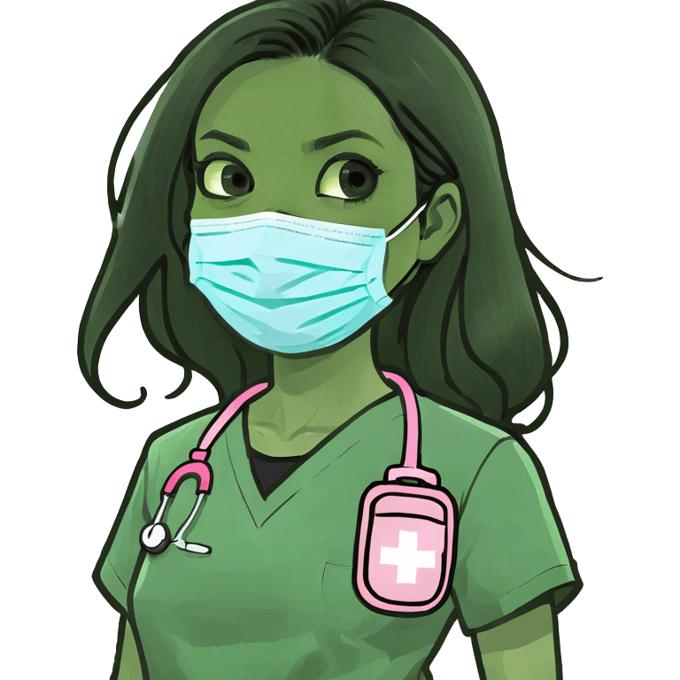 Female doctor without stethoscope long black hair wearing pink scrubs doe eyes emoji