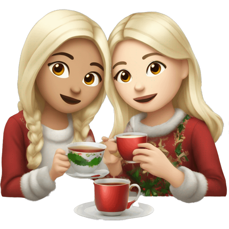 Russian blonde girl and Asian girl drinking tea at Christmas time emoji