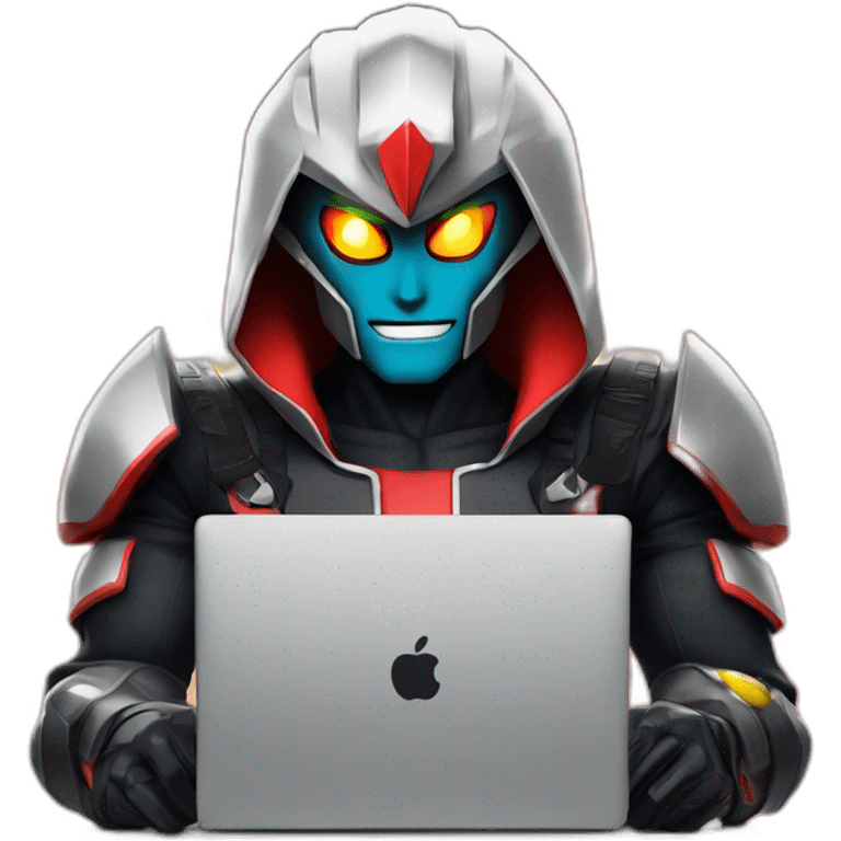 developer behind his laptop with this style :  goldorak manga anime with hacker themed character emoji