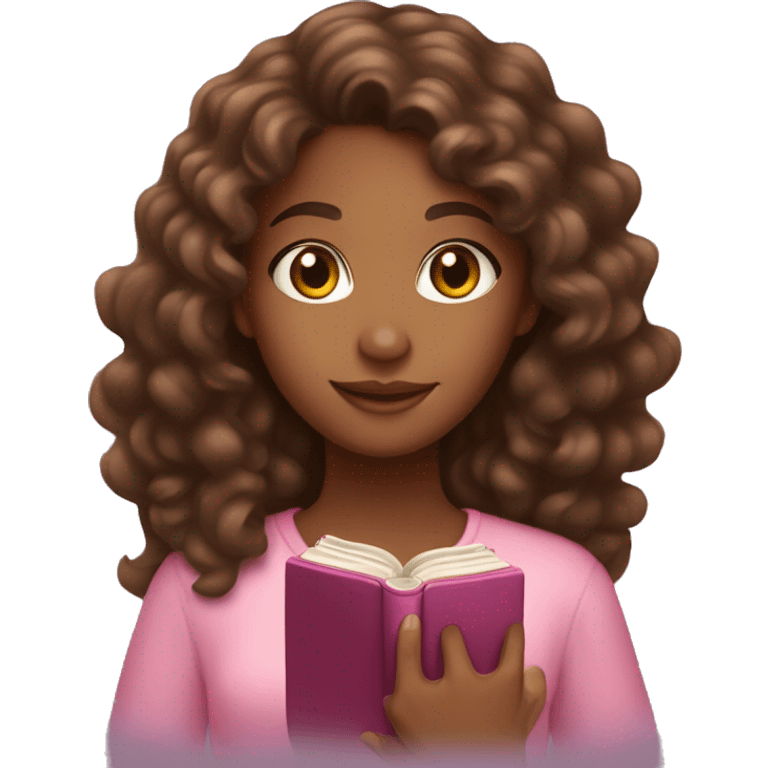 Brown girl with long brown curly hair and a pink bible that glows in her hand emoji