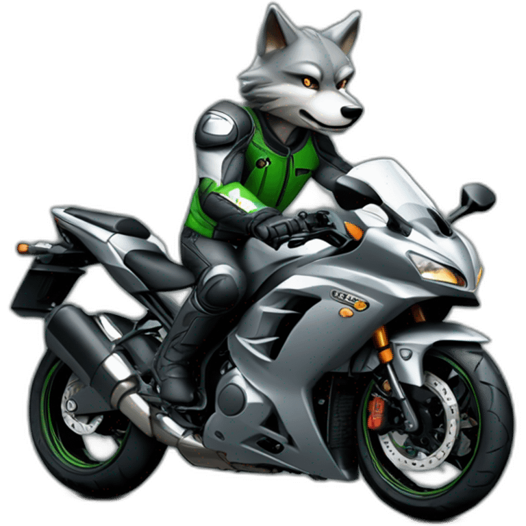 Cool grey wolf driving motorcycle Kawasaki Ninja emoji