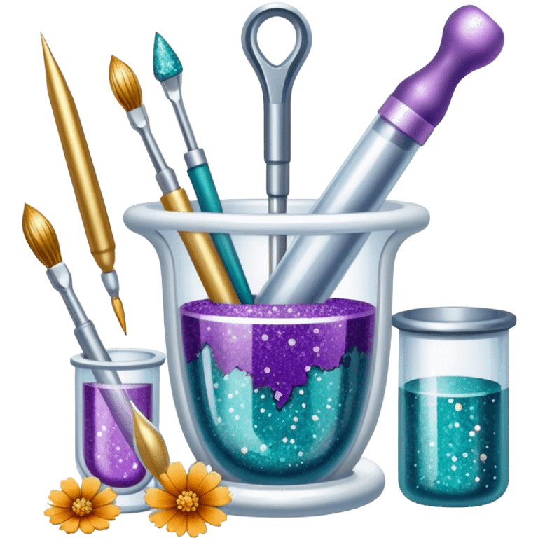 Jewelry making icon with epoxy resin used to encase materials like dried flowers, metals, stones, or pigments, resin with pearlescent, glitter, or shimmering effects, visible resin in tubes and mixing tools, minimalistic style, clean lines, transparent background. emoji