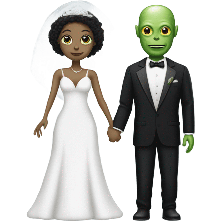 White humman man in a tuxedo holding, Alien reprilian woman in wedding dress, and one , hands getting married emoji