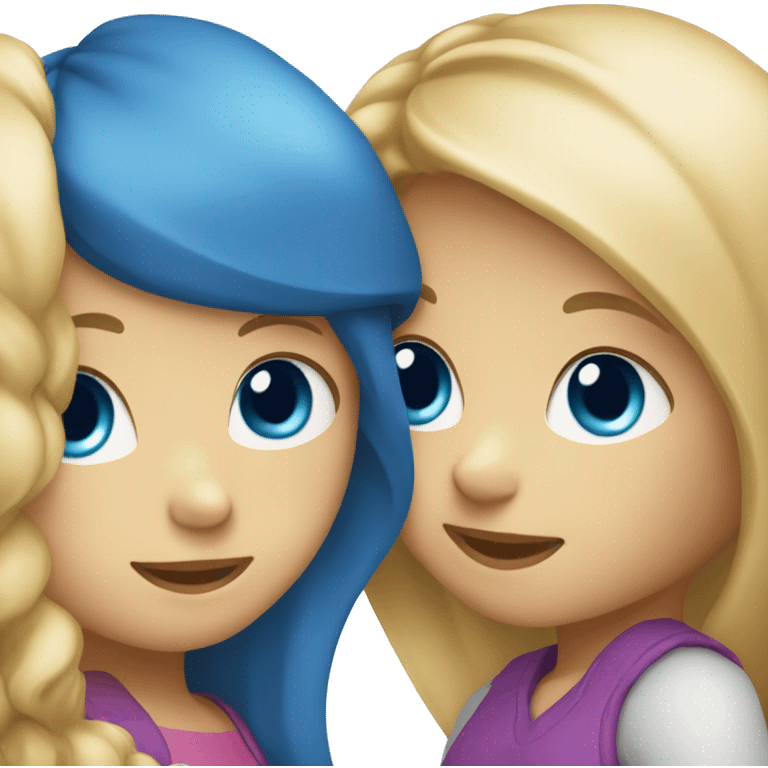 Two girls hugging: one has brown hair and blue eyes, and the other is blonde with blue eyes. emoji