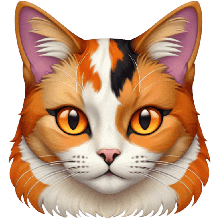 Cinematic Noble Calico Cat Portrait Emoji, Poised and regal, with a striking patchwork fur in vibrant orange, black, and white hues, delicate whiskers and a refined, focused gaze, simplified yet exquisitely detailed, glowing with a soft, moonlit radiance and an air of aristocratic elegance, high shine, exuding dignified intelligence and poised authority, soft glowing outline, capturing the essence of a watchful and noble calico cat that appears ready to grace the screen with effortless majesty! emoji