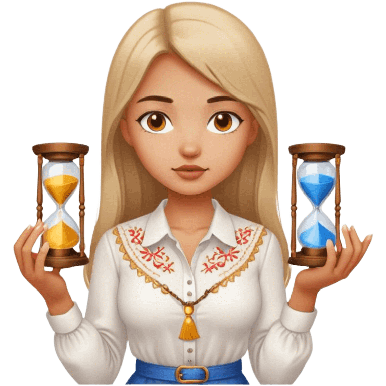 A Ukrainian girl in a white embroidered shirt holds an hourglass in her hands emoji