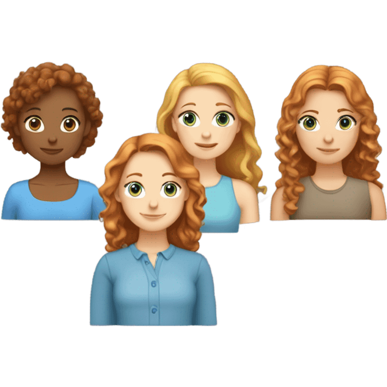 Girl with straight ginger hair and blue eyes, girl with a little curly brown hair and brown eyes and a girl with straight blond hair and blue eyes emoji