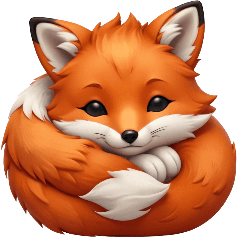 Cinematic cute sleepy fox, curled into a cozy fluffy ball, warm glowing fur, tiny black nose resting on its tail, soft breathing visible, peaceful and charming. emoji