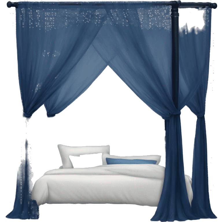 Midnight blue canopy bed with sheer curtains emoji