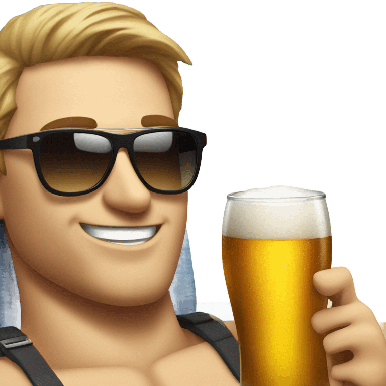 Fair skinned Man with sunglasses and a very large glass of beer sunbathing on a Spanish beach emoji