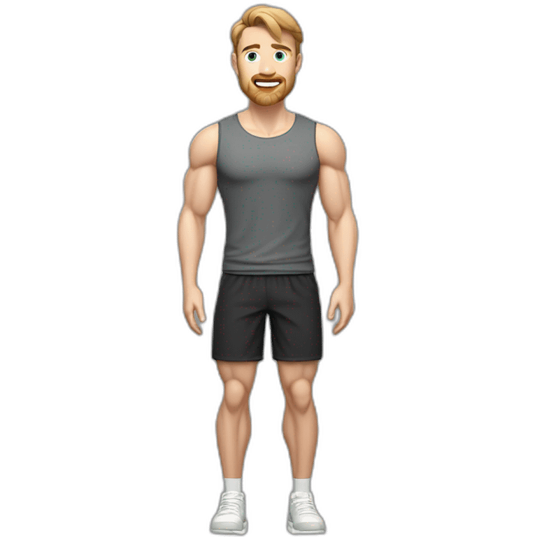 Full height Pale skinned muscular man With Realistic eyes and mouth, light brown hair and stubble In dark gray sleeveless mike, black oversize sports shorts, watch and white sneakers. emoji