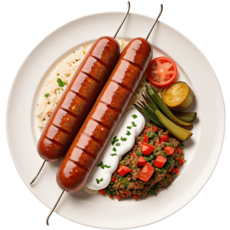 Cinematic Realistic image of a long, sausage-shaped Turkish Köfte, rendered with richly spiced meat textures and subtle grill marks, artfully arranged on a traditional Turkish ceramic plate alongside classic sides such as a serving of aromatic pilaf, crisp grilled vegetables, and a dollop of creamy yogurt, all bathed in warm, appetizing lighting that emphasizes its savory allure. emoji