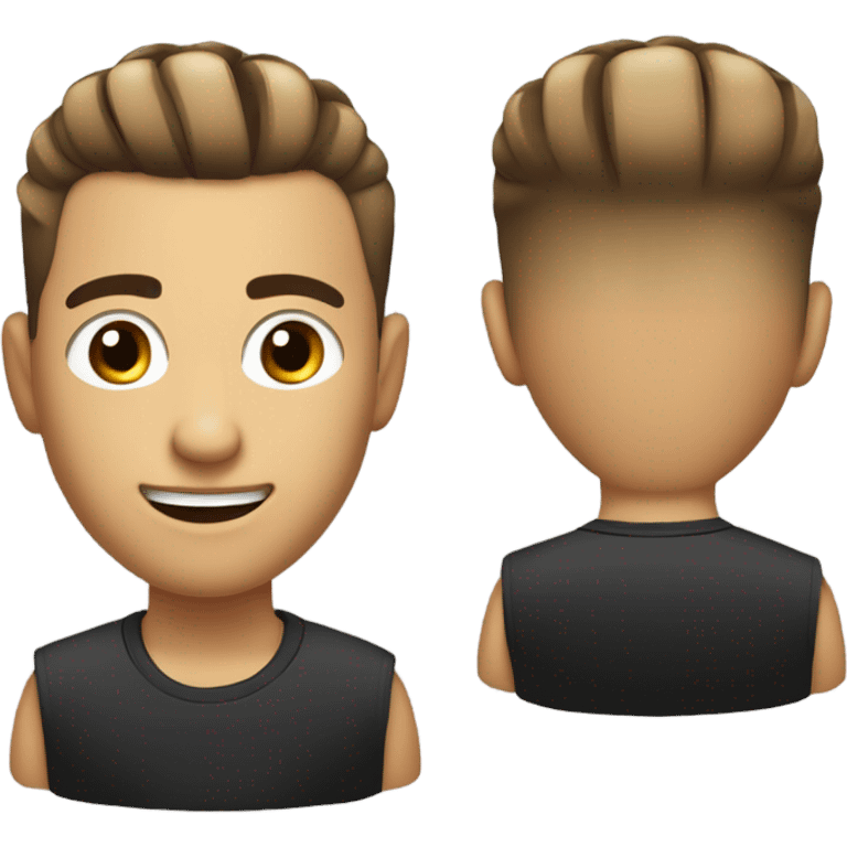 Hair: Modern style with shaved sides and a more voluminous top, combed to one side.  
Shiny black color with highlights.  

Face: Large, expressive eyes in a rounded shape, with brown tones and white reflections that convey brightness and liveliness. emoji