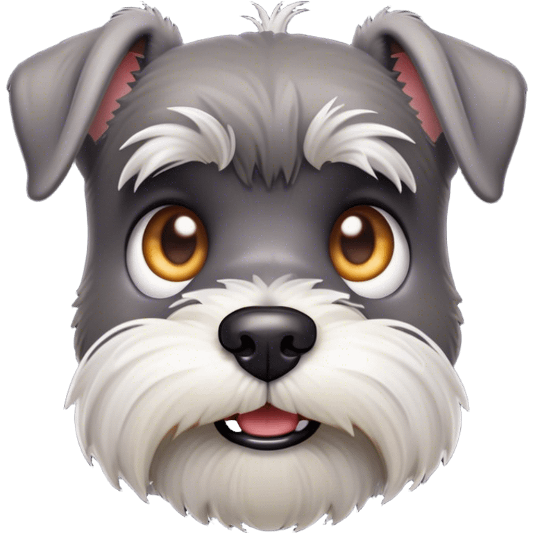 Cinematic Comical Miniature Schnauzer Portrait Emoji, Head tilted dramatically with a comically shocked expression and large, animated eyes, featuring a sharply defined salt-and-pepper fur with exaggerated, humorous eyebrows, simplified yet hilariously detailed, glowing with a bold, playful radiance, high shine, exuding a spirited and cheeky charm, styled with a soft glowing outline, capturing the essence of a Miniature Schnauzer that appears ready to dash into a burst of comic energy! emoji