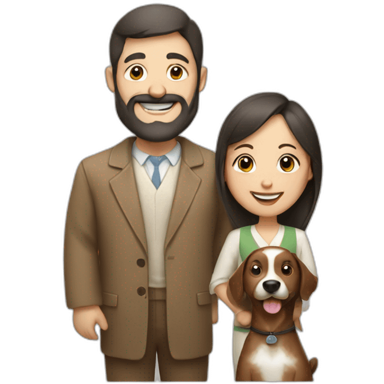 Jewish man and Chinese lady with brown dog smiling emoji