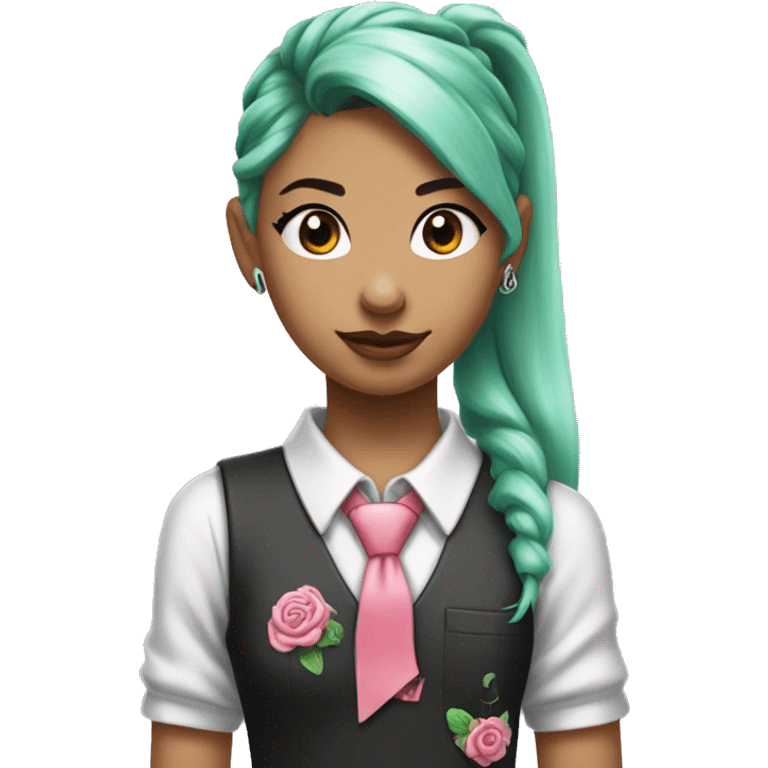 a girl with long mint colored twin ponytail wearing a sleeveless silver shirt, a mint colored tie, and a black flared arm sleeve with a red 01 tattoo on her left arm has a pink square with a black border running through each ponytail emoji